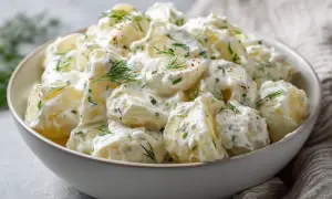 En skål med krämig, hemmagjord potatissallad, toppad med färsk dill och en nypa peppar. Perfekt till grillkvällen!