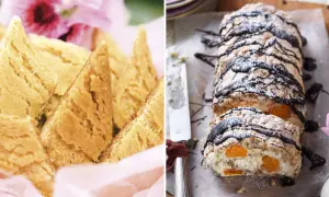 En lista med svenska kakor: gyllene drömmar och en rulltårta med aprikoser och choklad.