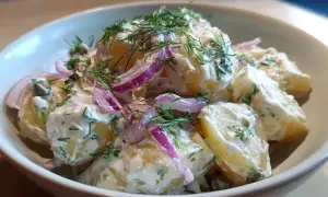 Krämig potatissallad med dill och rödlök, perfekt som tillbehör till grillat.