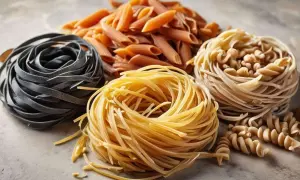 Olika sorters pasta: mörka tagliatelle, gula tagliatelle, penne och fusilli. En visuell jämförelse av fullkornspasta vs vanlig pasta.