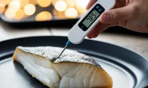 En digital termometer mäter innertemperaturen på en saftig torskfilé.
