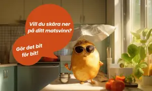 En glad potatis med solglasögon och paraply frågar: "Vill du skära ner på ditt matsvinn? Gör det bit för bit!