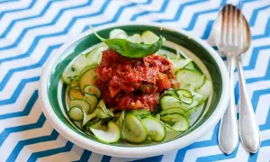 En läcker smalmat veckomeny: zucchinipasta med en smakrik tomatsås och färsk basilika. En lätt och fräsch rätt.