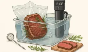 En ryggbiff tillagas sous vide. En cirkulator visar 101.0°C, en termometer visar 10°C.