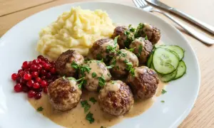 En tallrik med typisk svensk mat: köttbullar i gräddsås, potatismos, rårörda lingon och gurka.