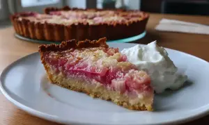 En bit rabarberpaj lchf med vispad grädde. Hela pajen syns i bakgrunden.