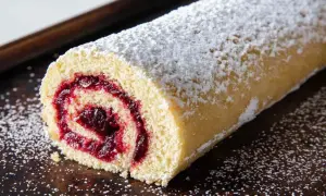 En saftig rulltårta med syltkärna, pudrad med florsocker. Denna rulltårta choklad är en klassiker som passar till fikat.