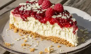 En bit krämig oreo cheesecake med hallonspegel och vita chokladspån.