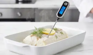 En vit fisk i ugnsform med citron och dill. En digital termometer visar vit fisk temperatur: 59°C.