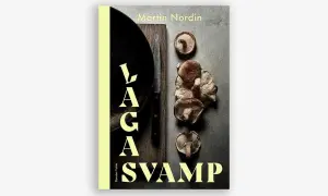 Boken "Laga svamp" av Martin Nordin visar en samling färska svampar, en kniv och en stekpanna. Perfekt för svamp mat-entusiaster.