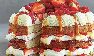 En generös tårta med lager av sockerkaka, vispgrädde, färska jordgubbar och en härlig jordgubbsmousse tårtfyllning, toppad med mer grädde och karamellsås.