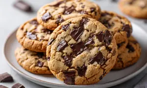 En hög med nybakade chocolate chip cookies på en tallrik, med bitar av mörk choklad utspridda.
