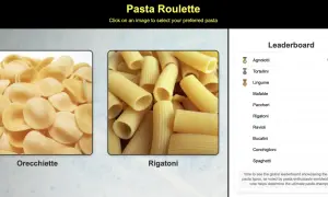 Två olika pasta typer, orecchiette och rigatoni, visas. En topplista över populära pasta typer finns till höger.