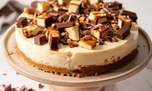 En krämig daim cheesecake, toppad med chokladbitar och karamell. En dröm för alla som älskar daim!