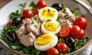 En härlig sallad nicoise med tonfisk, ägg, tomater och svarta oliver på en bädd av gröna blad.