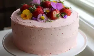 Enkel tårta med rosa frosting, toppad med färska jordgubbar och vilda blommor. En vacker och somrig skapelse.