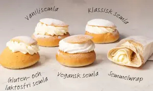 Fem olika semlor, inklusive klassisk, vanilj, gluten- och laktosfri, vegansk semla och en semmelwrap. Semla ursprung i fokus.
