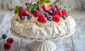 En vacker pavlova tårta med vispgrädde och färska bär som jordgubbar och hallon. Dekorerad med mynta och små blommor.