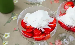 Två glas med limemarinerade jordgubbar och vaniljglass på ett blommigt duk.