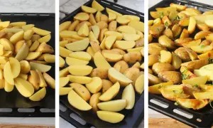 Klyftpotatis i ugn, från rå till gyllene och färdig att servera. Enkel och god rätt.