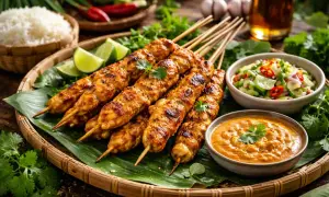Grillade kyckling satay-spett serveras med jordnötssås, gurksallad och ris. En härlig asiatisk måltid.