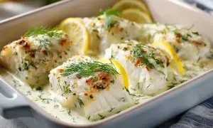 Ugnsbakad torskrygg i krämig sås med citron och dill. En perfekt innertemp för en saftig fiskrätt.