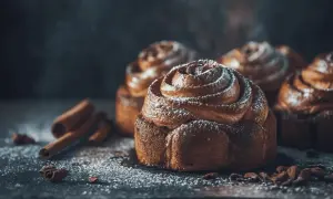 Doftande kanelbullar med pudersocker, perfekt för kanelbulle dag. Kanelstänger och chokladbitar ligger utspridda.
