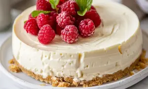 En krämig, fryst cheesecake toppad med färska hallon och mynta. Perfekt för en varm sommardag.
