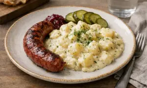 En tallrik med stuvad potatis, isterband, lingonsylt och gurka. En klassisk svensk rätt som ser utsökt ut.