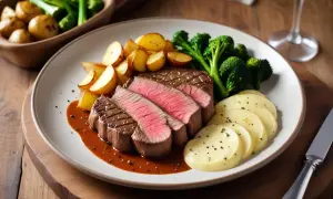 Sliced pepparbiff steak with roasted potatoes, broccoli, and mashed potatoes on a plate.