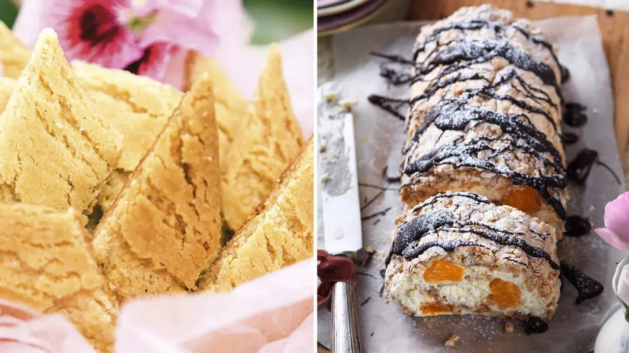 En lista med svenska kakor: gyllene drömmar och en rulltårta med aprikoser och choklad.