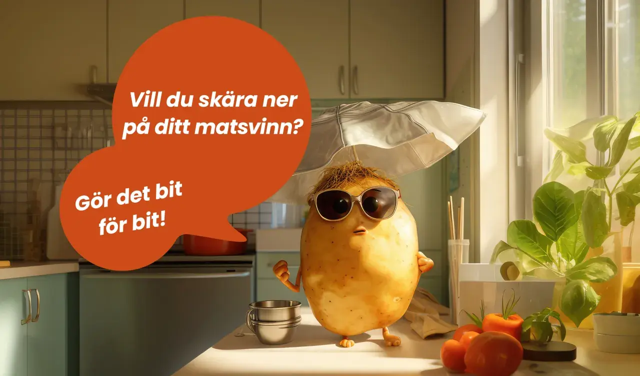 En glad potatis med solglasögon och paraply frågar: "Vill du skära ner på ditt matsvinn? Gör det bit för bit!