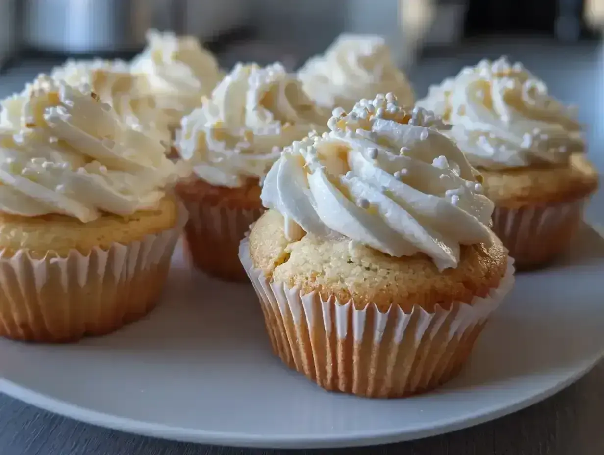 Fluffiga muffins med vit frosting, vackert spritsade rosor och strössel. En festlig syn!