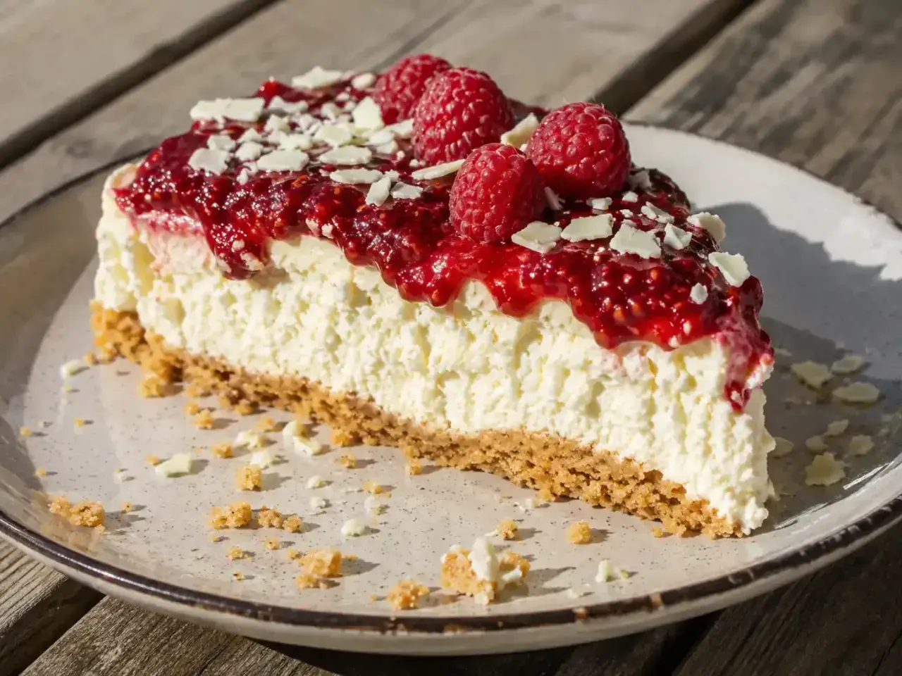 En bit krämig oreo cheesecake med hallonspegel och vita chokladspån.