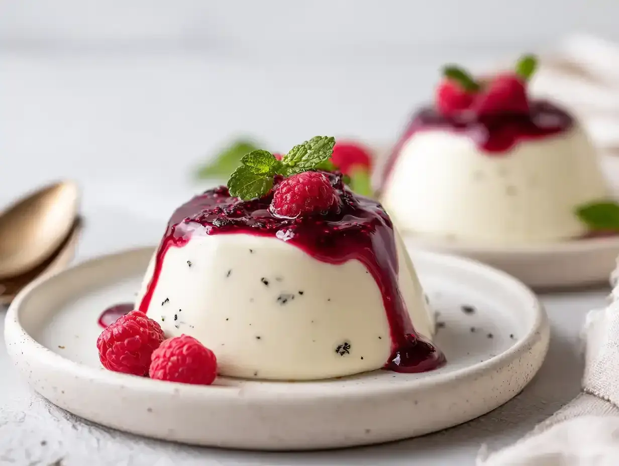 Krämig panna cotta med hallonsås och färska hallon. En perfekt dessert för alla tillfällen.