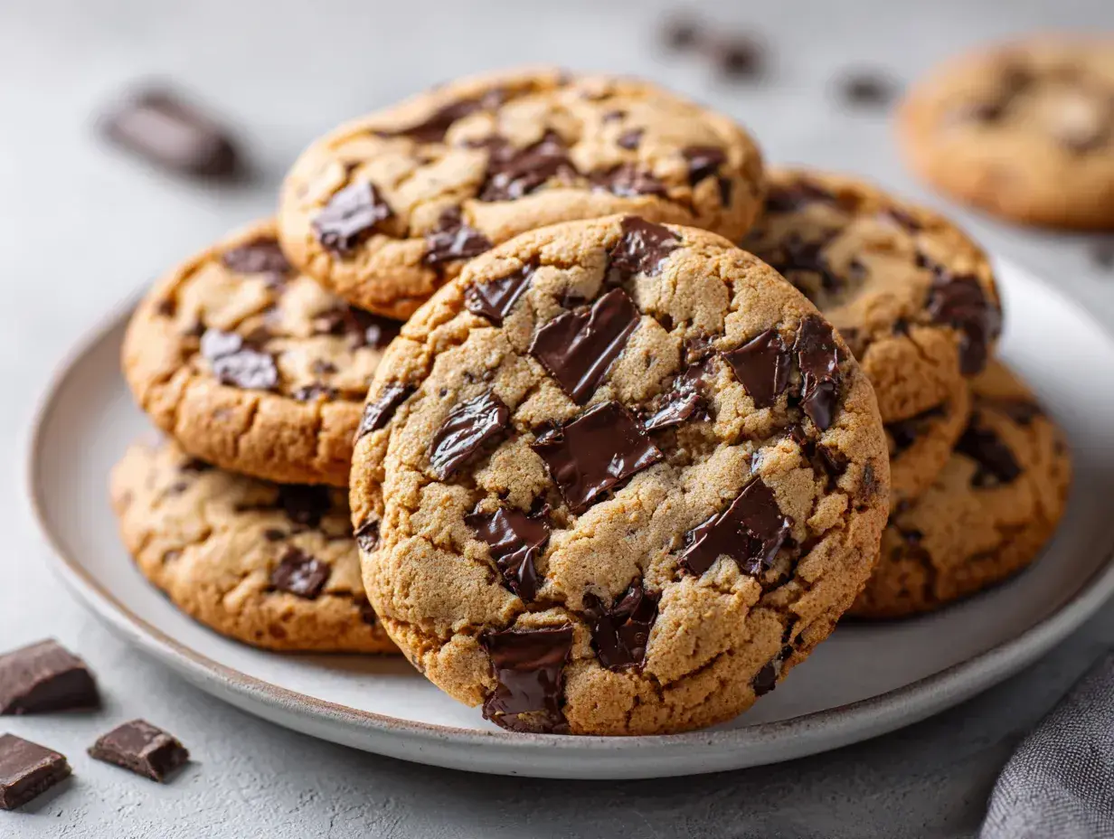 En hög med nybakade chocolate chip cookies på en tallrik, med bitar av mörk choklad utspridda.