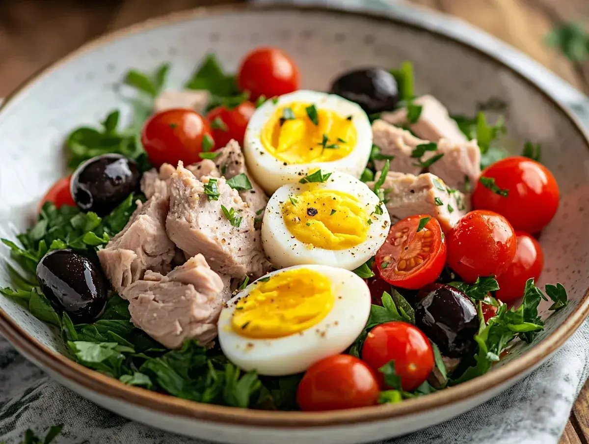 En härlig sallad nicoise med tonfisk, ägg, tomater och svarta oliver på en bädd av gröna blad.