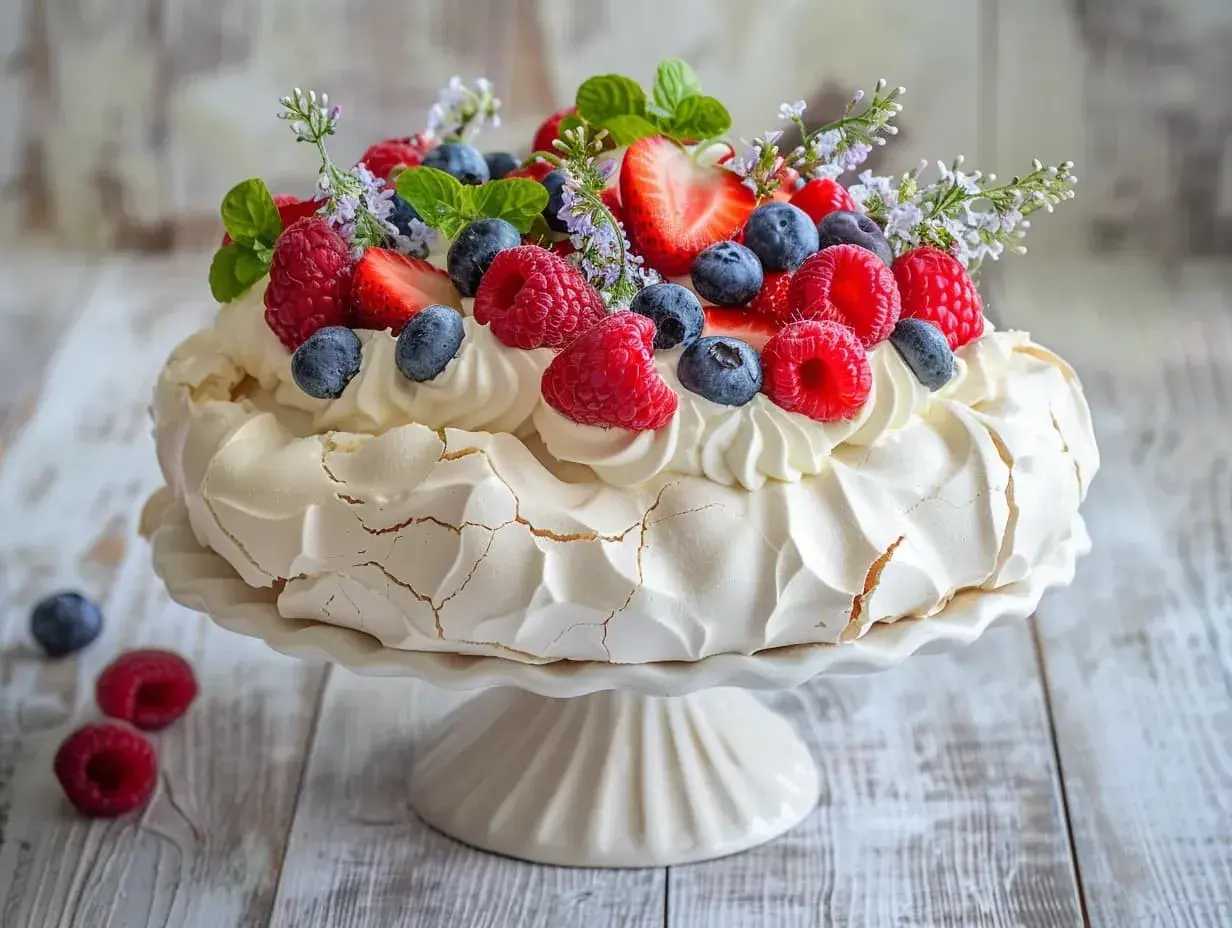 En vacker pavlova tårta med vispgrädde och färska bär som jordgubbar och hallon. Dekorerad med mynta och små blommor.