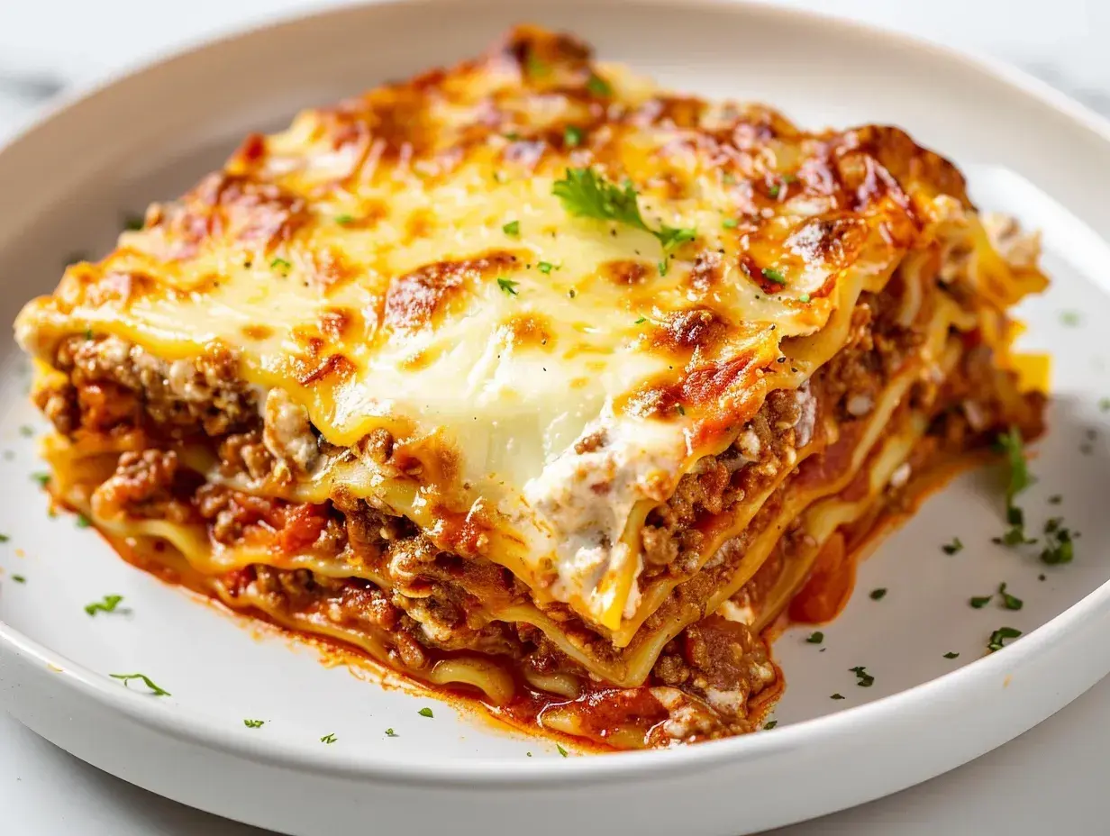 En saftig bit lasagne med gyllene ost och köttfärssås, redo att avnjutas. Perfekt lasagne tid i ugn!