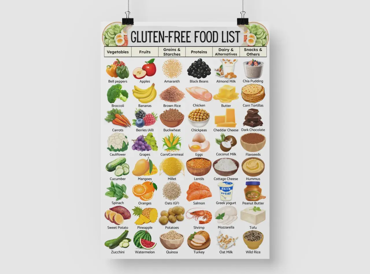 En illustration som visar en glutenfri mat lista med kategorier som grönsaker, frukt, spannmål, proteiner, mejerier och snacks.