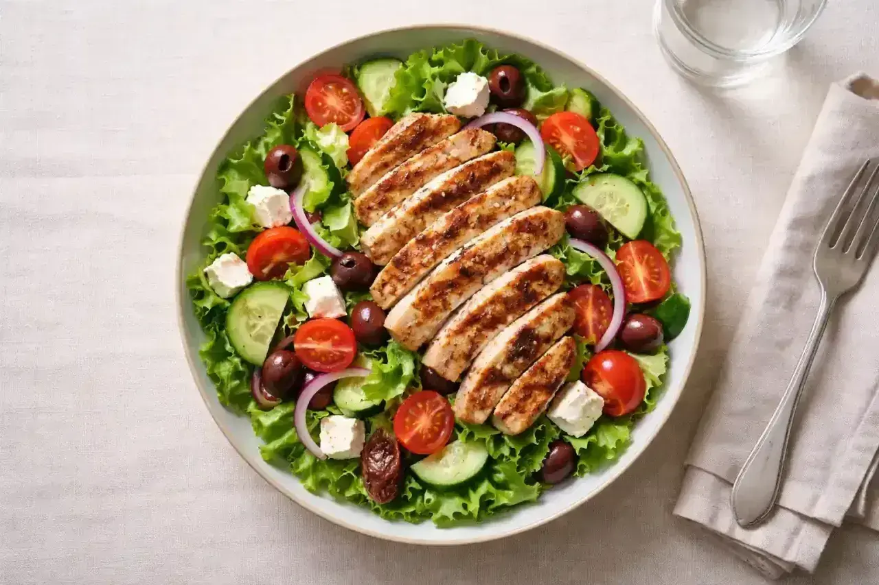 En fräsch kycklingsallad med grillad hel kyckling, tomater, gurka, oliver och fetaost. Perfekt för en lätt lunch där hel kyckling temperatur är viktig.