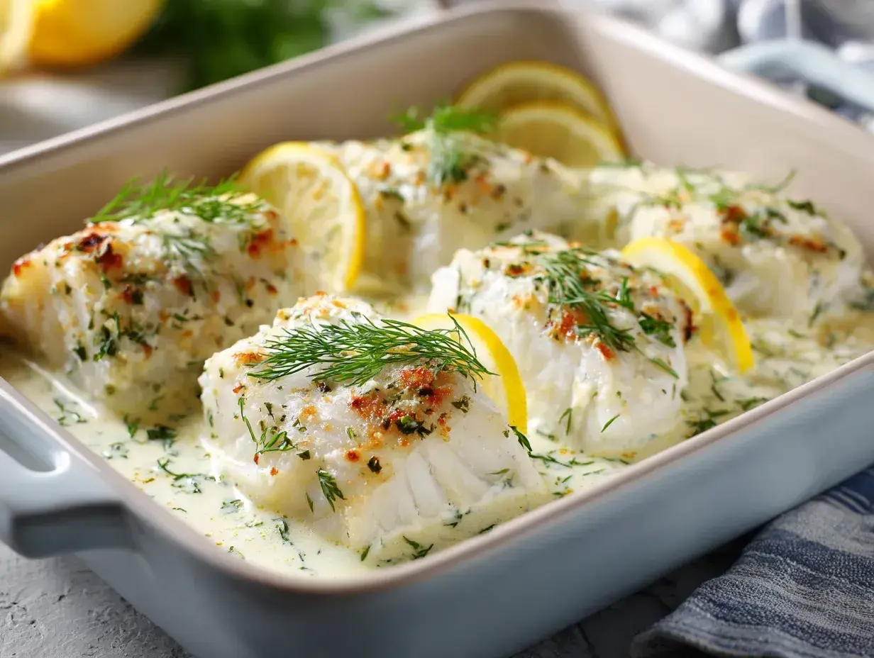 Ugnsbakad torskrygg i krämig sås med citron och dill. En perfekt innertemp för en saftig fiskrätt.