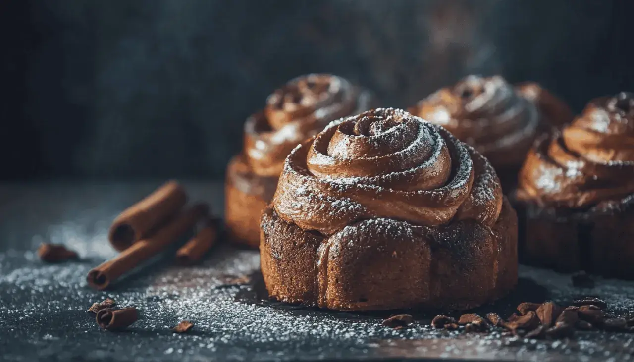 Doftande kanelbullar med pudersocker, perfekt för kanelbulle dag. Kanelstänger och chokladbitar ligger utspridda.