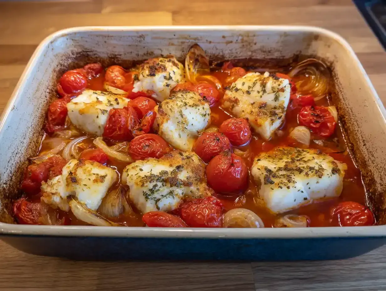 Ugnsbakad torskfile med körsbärstomater och lök. Perfekt innertemp för en saftig fisk.
