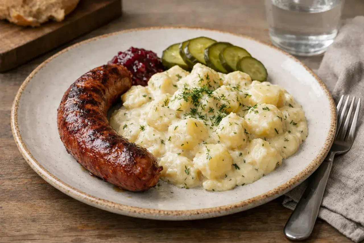 En tallrik med stuvad potatis, isterband, lingonsylt och gurka. En klassisk svensk rätt som ser utsökt ut.