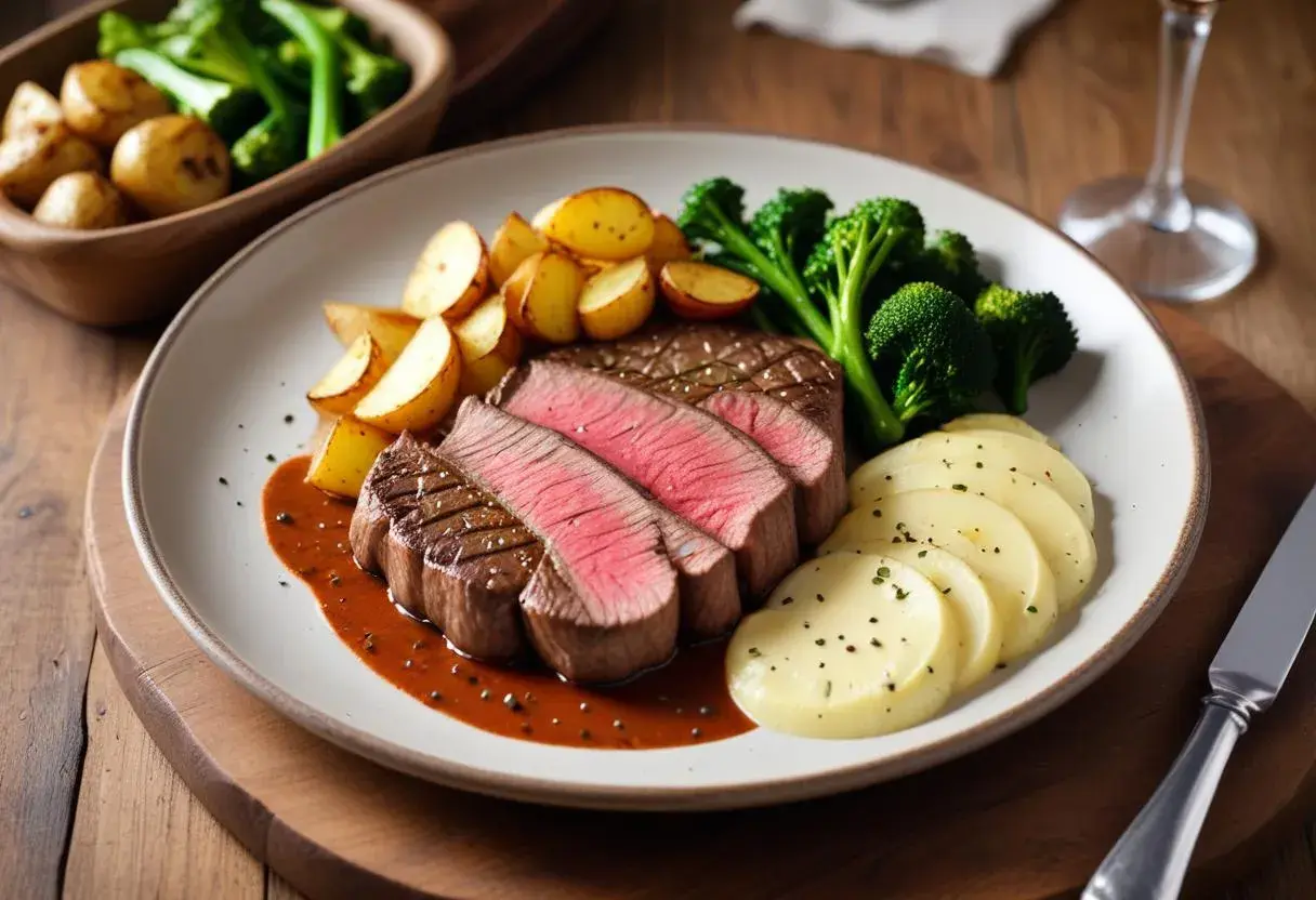 Sliced pepparbiff steak with roasted potatoes, broccoli, and mashed potatoes on a plate.