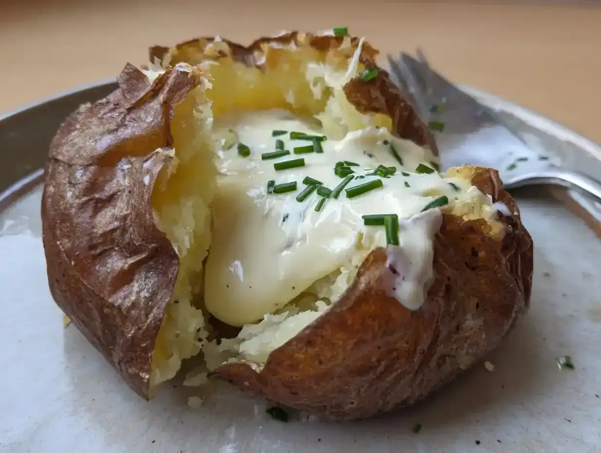 En härlig bakad potatis med krämig fyllning och gräslök. Perfekt för en mysig middag.