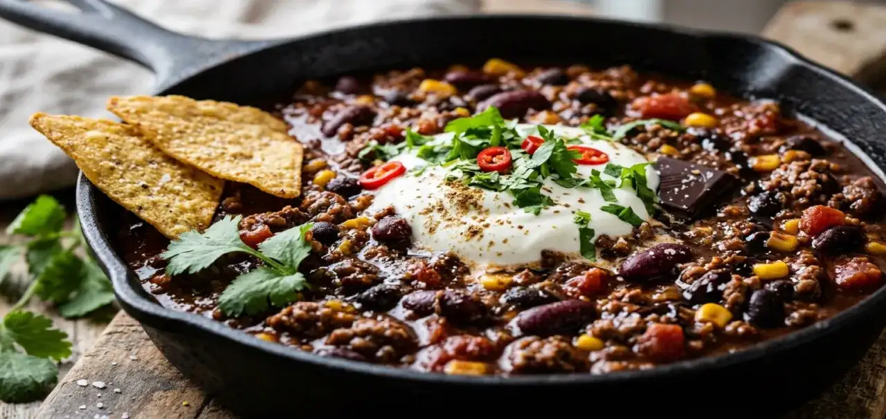 En mustig chili con carne i gjutjärnspanna, toppad med gräddfil, chili och koriander. Serveras med tortillachips.
