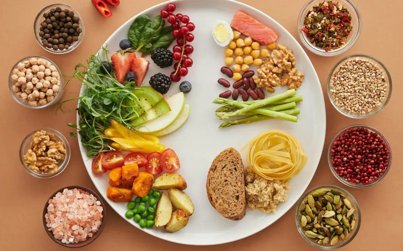 En tallrik med mat som främjar antiinflammatorisk kost: lax, bär, grönsaker, nötter, baljväxter och fullkorn.