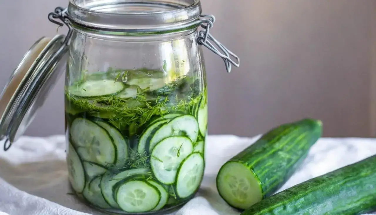En burk med inlagd gurka och dill. Två färska gurkor ligger bredvid.
